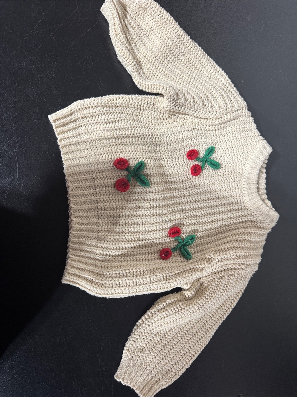 Cream Knit Crewneck Sweater with Red Cherry Appliqués